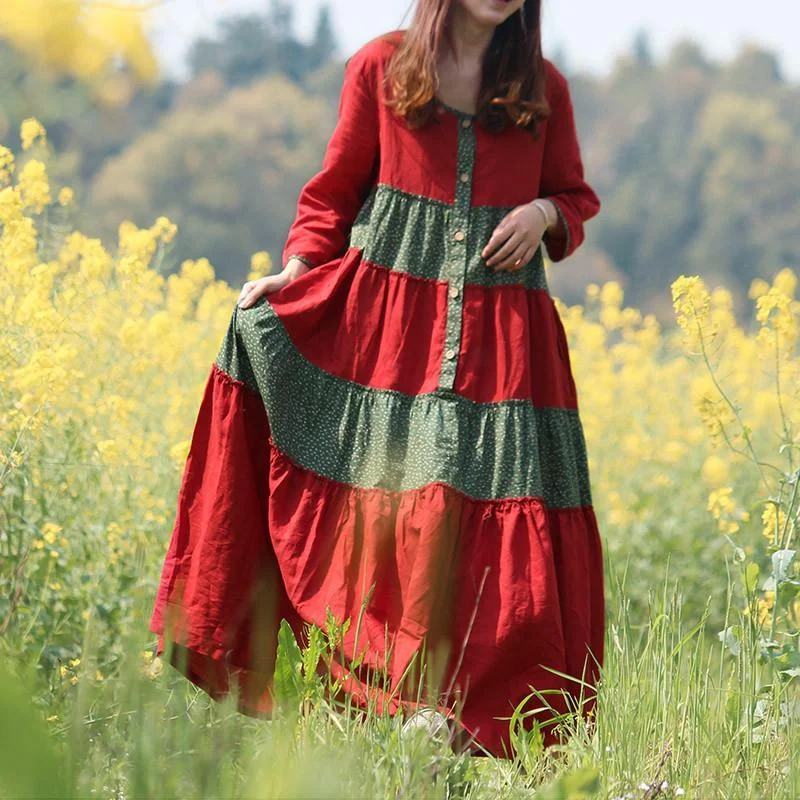 Women's Resort Attire Red and Green Franfreluche Bohemian Hippie Dress