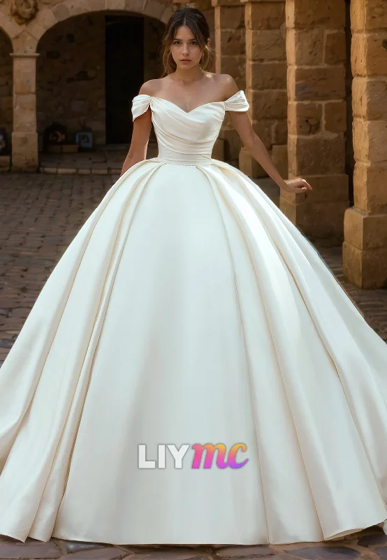 Women's Holiday Outfit LW124 - Luxurious Off Shoulder Strapless Ruched Satin Ball Wedding Gown