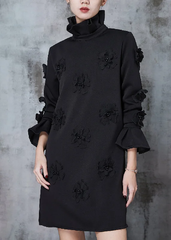 Women's Outfit Women Black Turtle Neck Floral Cotton Dress Flare Sleeve