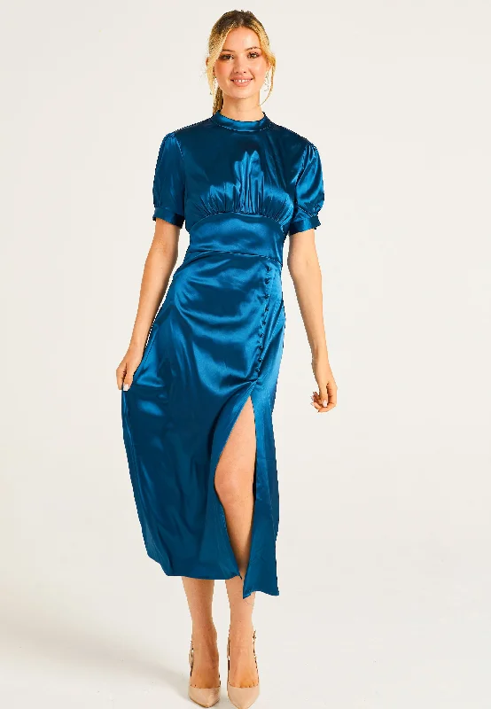 Women's Timeless Attire Puff Sleeve Midi Dress With Leg Slit In Teal