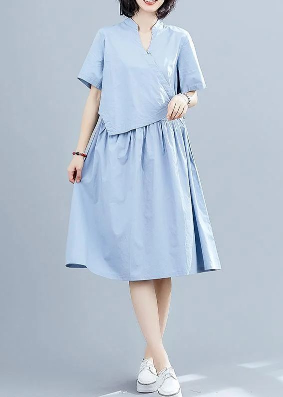 Women's Elegant Evening Outfit Vivid blue patchwork cotton clothes false two pieces Kaftan summer Dresses