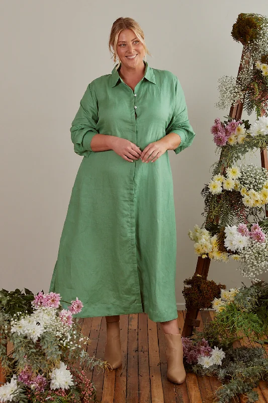 Comfortable Women's Attire Gracie Long Sleeve Linen Dress in Jadesheen