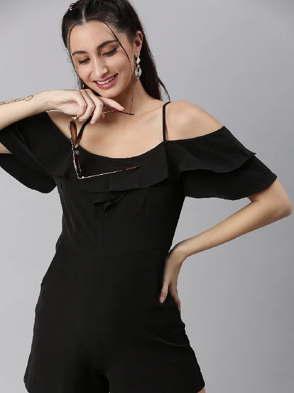 Women's Relaxed Outfit Women Shoulder Straps Solid Black Playsuit-SH-6213-Black