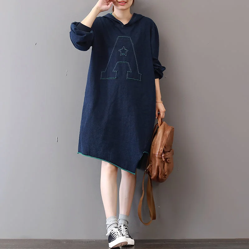 Women's Professional Garments New blue cotton knee dress Loose fitting traveling clothing asymmetric hem 2018hooded cotton dresses