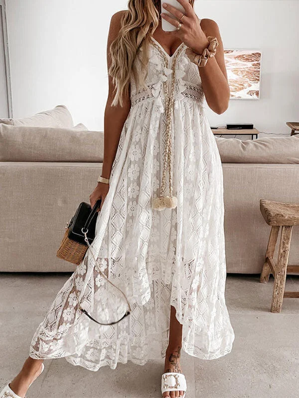 Fashionable Women's Outfit V Neck Broderie Lace Slip Maxi Dress