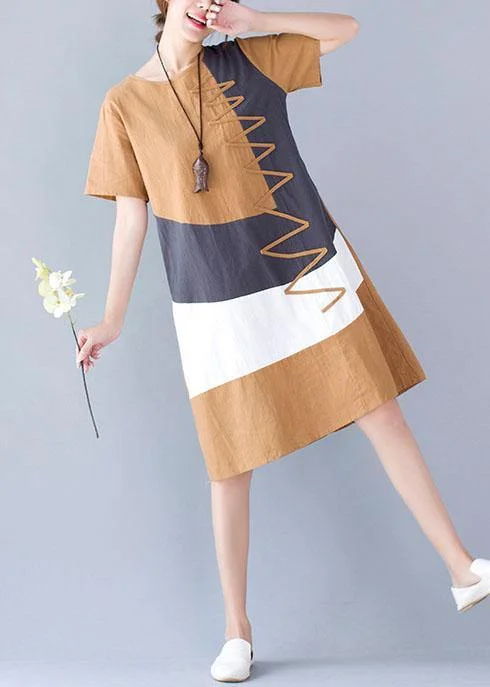 Women's Holiday Attire casual cotton linen o neck khaki short sleeve dresses summer