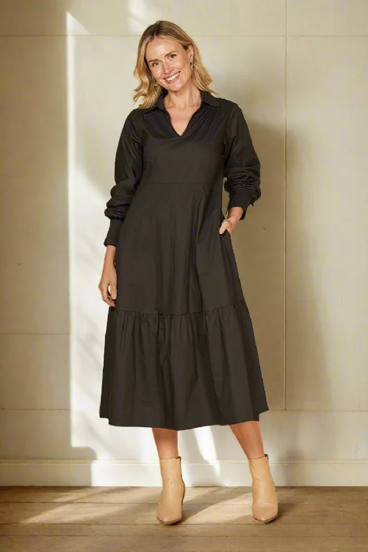 Women's Effortless Casual Outfit Sabre V-Neck Poplin Dress in Black