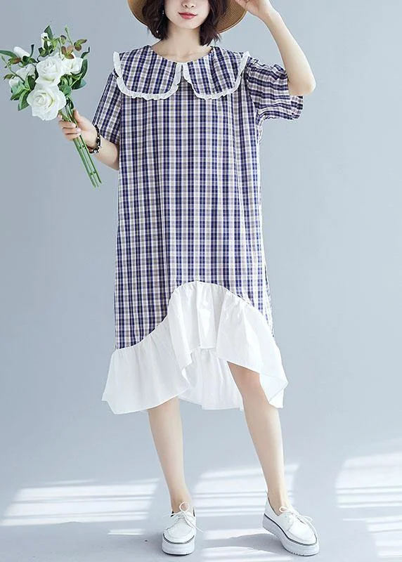 Women's Workout Garments French patchwork ruffles linen clothes Outfits blue plaid Dresses summer