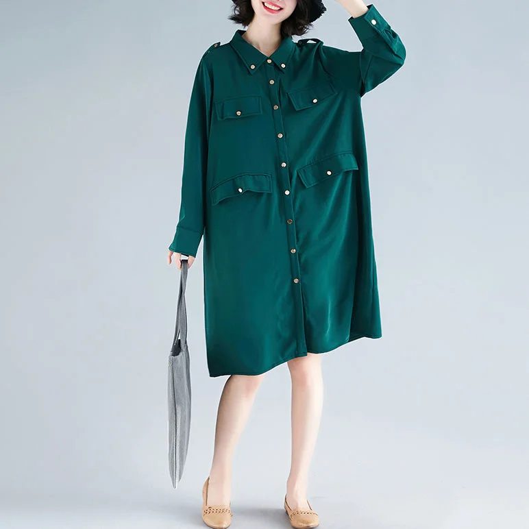 Women's Comfortable Lounge Garments Modern lapel collar Cotton Tunics Fun Photography green Midi Dress spring