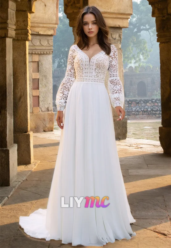 Women's Chic Outfit V-Neck Long Sleeves Lace Appliques Chiffon A-Line Wedding Dress