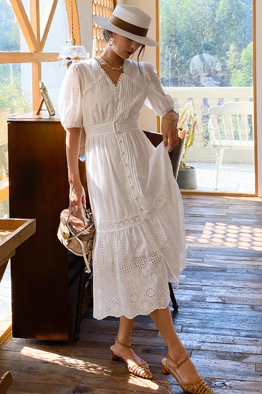 Women's Vacation Attire White Emroidered V-neck Maxi Dress