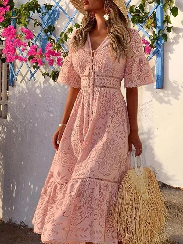 Women's Outfit V-neck Short Sleeve Hollow Lace Dress