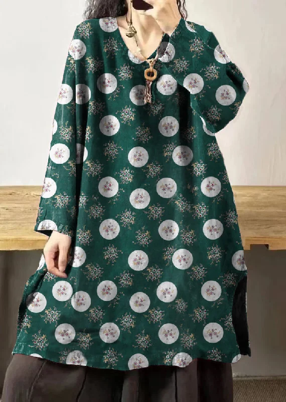 Women's Comfortable Lounge Garments Vintage green polka dots V Neck Embroidered Patchwork Linen Mid Dresses Fall