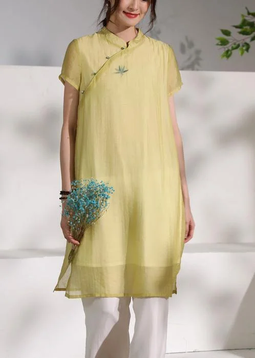 Women's Elegant Evening Outfit Chic stand collar summer Outfits yellow embroidery Dress