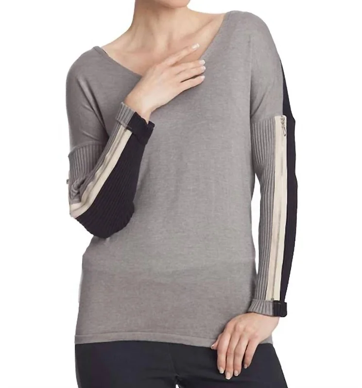 Women's Elegant Evening Attire V-Neck Zipper Sleeve Sweater In Gray Multi