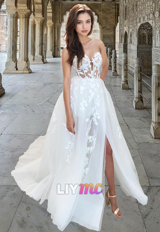 Modern Women's Outfit LW027 - A Line Illlusion V neck Appliques Rustic Wedding Dress