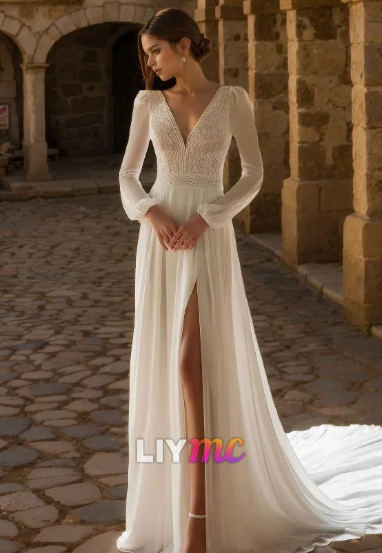 Women's Trendy Garments LW486 - A-Line V-Neck Long Tulle Sleeves Lace Illusion Button Floor-Length Wedding Dress With Sweep Train