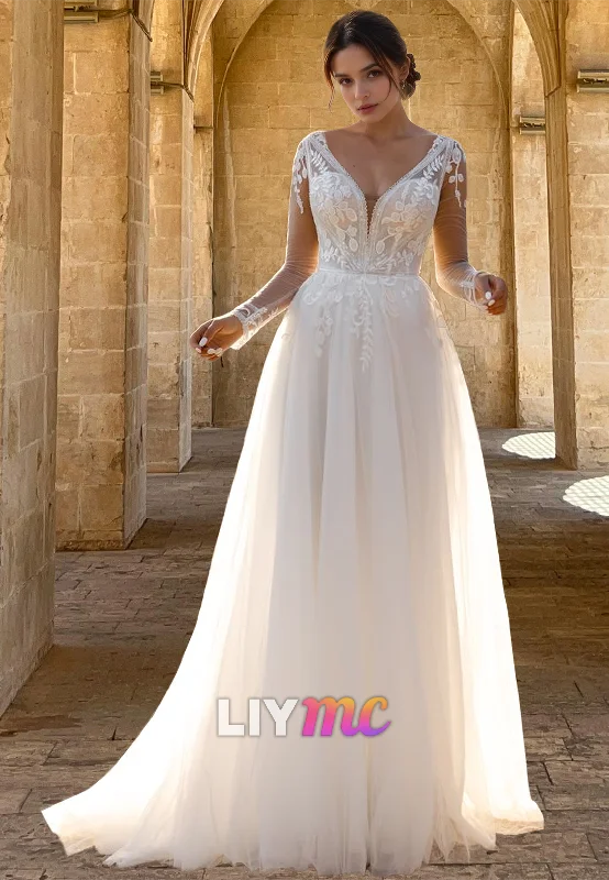 Plus-Size Women's Garments V-Neck Long Sleeves Appliques Tulle A-Line Wedding Dress