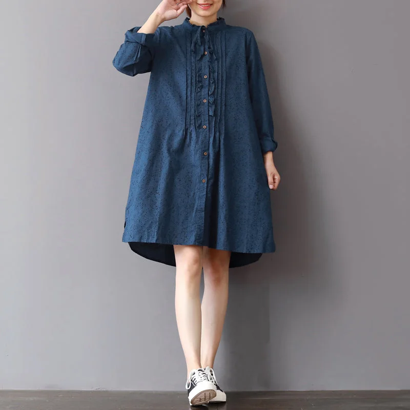 Women's Athletic Garments fashion blue linen shift dresses Loose fitting traveling shirt dress 2018 ruffles collar cotton clothing