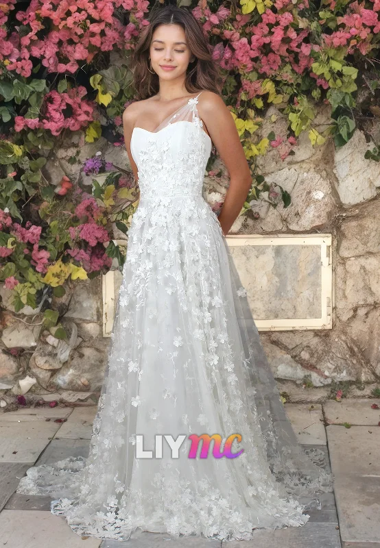 Women's Seasonal Attire LW076 - A Line One Shoulder 3D Lace Appliqued Ruched Satin Long Wedding Dress