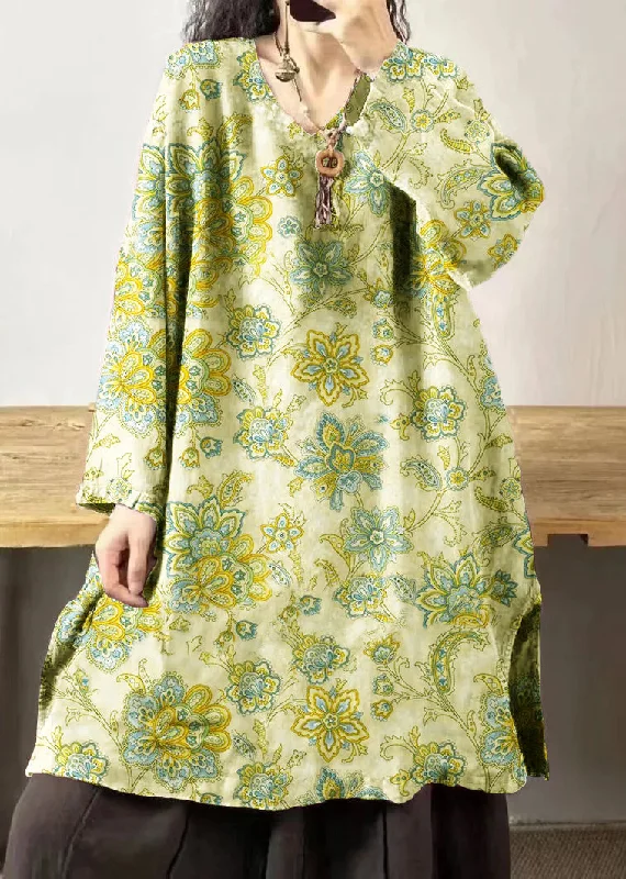 Women's Seasonal Attire Vintage yellow flower V Neck Embroidered Patchwork Linen Mid Dresses Fall