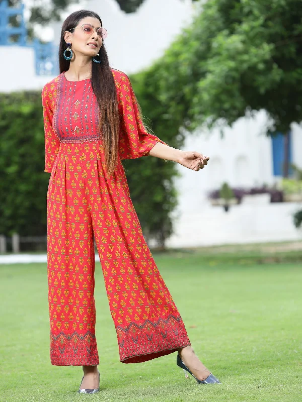 Modern Women's Outfit Juniper Coral Ethnic Motif Printed Rayon Flared Jumpsuit.