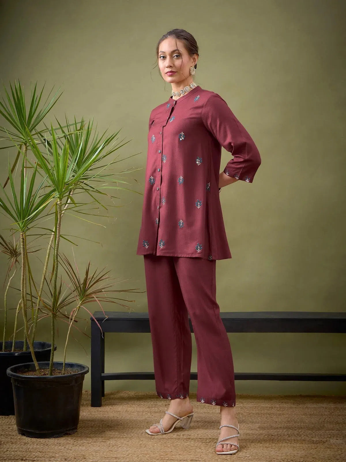 Women's Professional Attire Women Pink All Over Embroidered Shirt With Palazzos