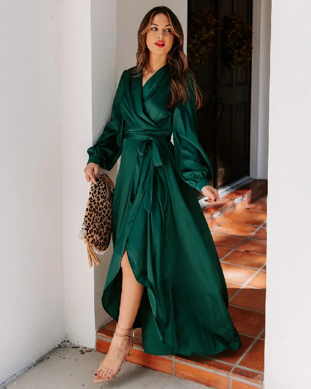 Women's Formal Event Outfit Always Memorable Satin Maxi Dress - Emerald