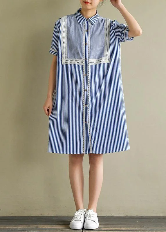 Women's Vacation Attire Natural blue striped Cotton for women lapel lantern sleeve cotton summer Dress