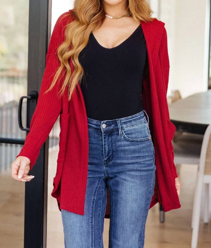 Women's Vacation Outfit First Things First Hooded Cardigan In Red