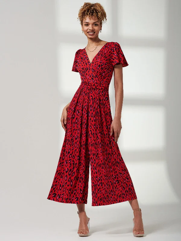 Women's Formal Event Attire Cap Sleeve Culotte Jumpsuit, Red Animal