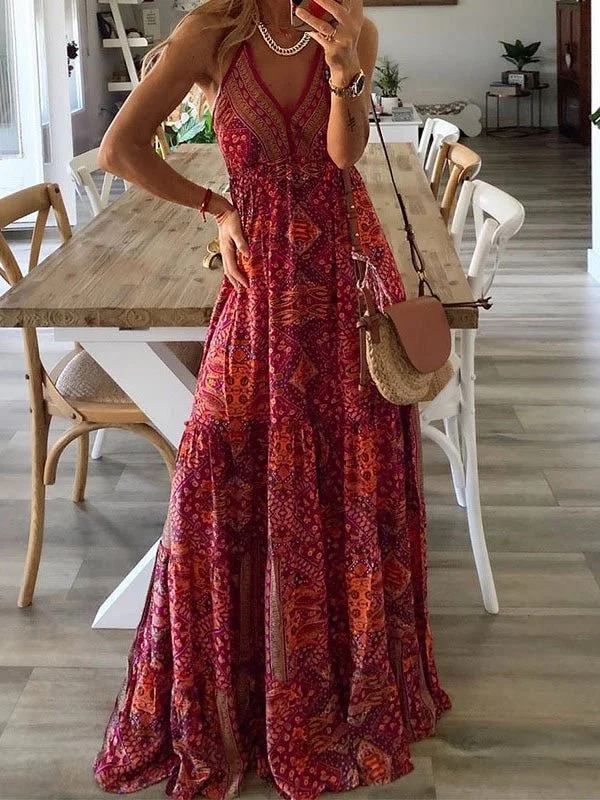 Women's Holiday Attire Bohemian Print Sling Sleeveless Dress