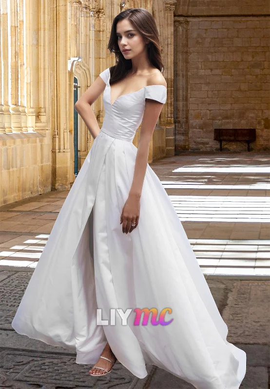 Women's Athletic Outfit LW031 - A Line Off Shoulder Satin Wedding Dress with Slit