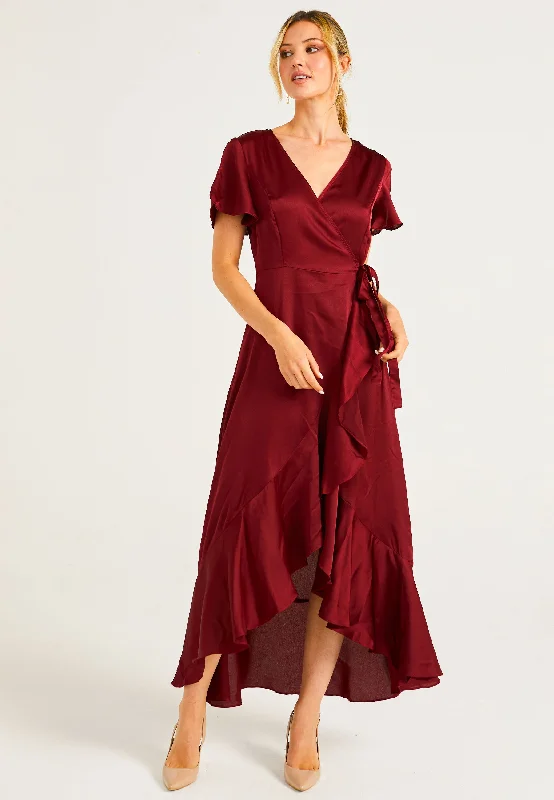 Stylish Women's Attire Satin Wrap Maxi Dress With Ruffled Hem In Burgundy