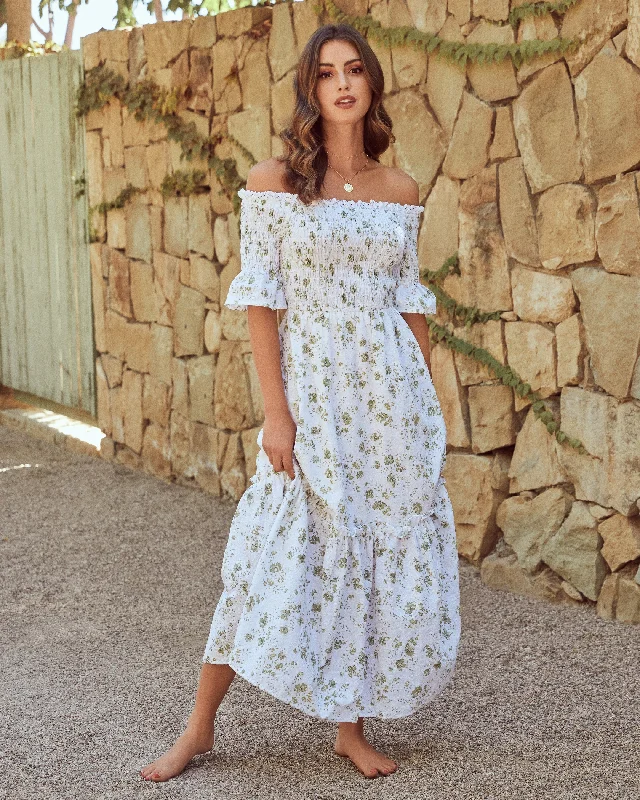 Elegant Women's Attire Dasha Cotton Floral Off The Shoulder Maxi Dress - Sage - FINAL SALE