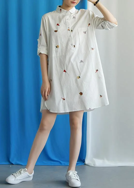 Charming Women's Outfit For Special Occasions Vivid white Cotton quilting clothes embroidery loose fall Dress