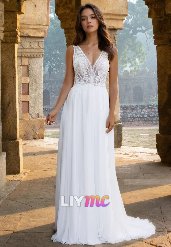 Women's Outfit V-Neck Sleeveless Appliques Chiffon A-Line Beach Wedding Dress