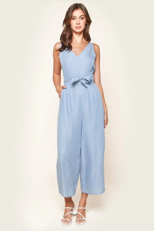 Women's Elegant Formal Outfit Arizona Chambray Cross Back Jumpsuit