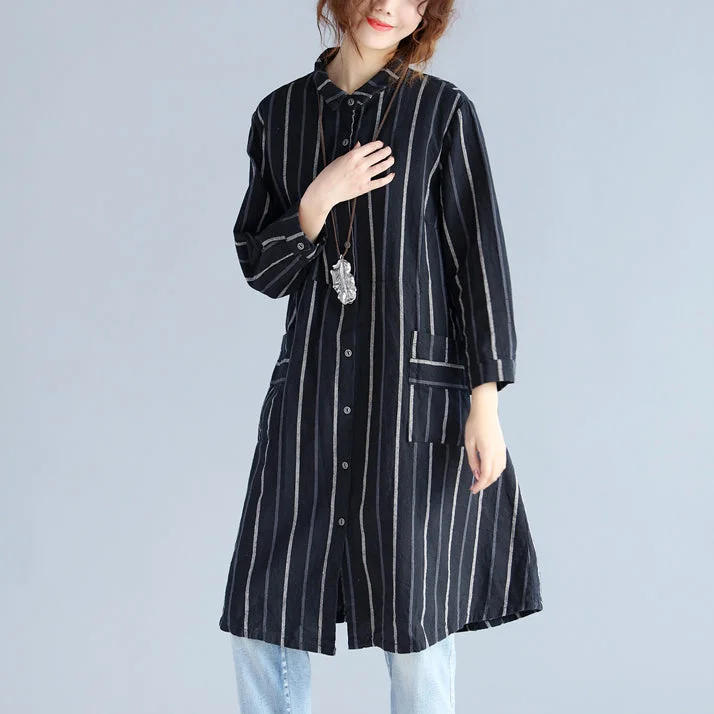 Women's Plus-Size Garments fashion black striped pure cotton linen dress New long sleeve pockets Turn-down Collar knee dresses