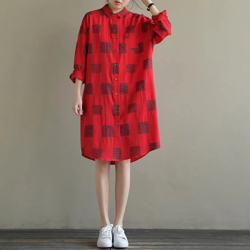 Women's Everyday Attire Elegant red Plaid Cotton quilting clothes lapel Button Down daily spring Dress