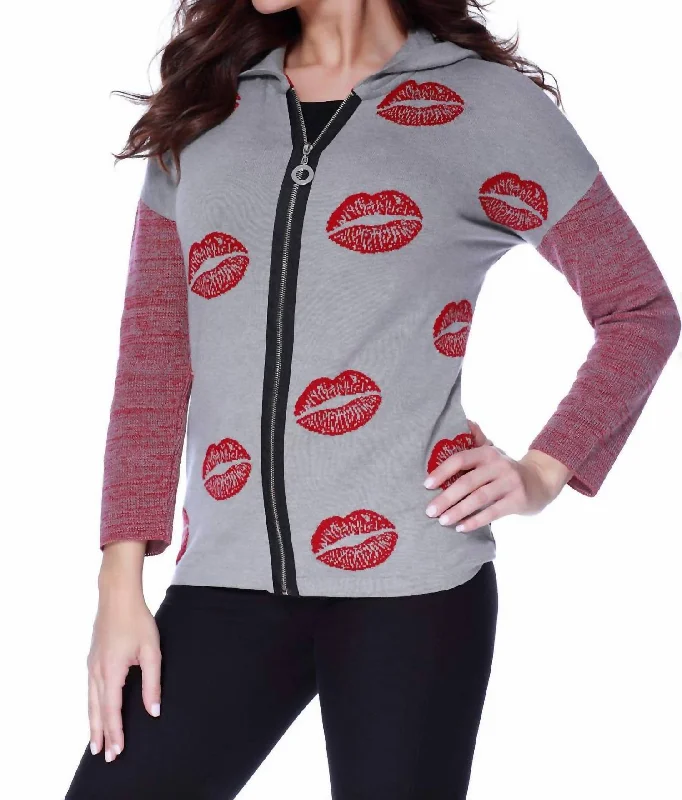 Women's Trendy Attire Kisses Me Hooded Cardigan In Gray/red