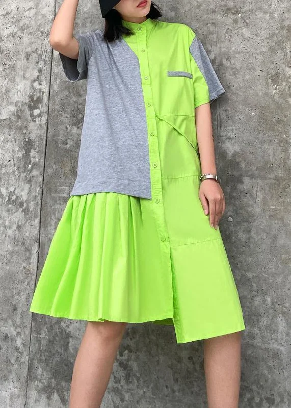 Women's Vintage Attire Chic stand collar patchwork Cotton clothes For Women green Dresses