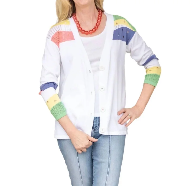 Women's Holiday Attire Button Front Cardigan In White/multi