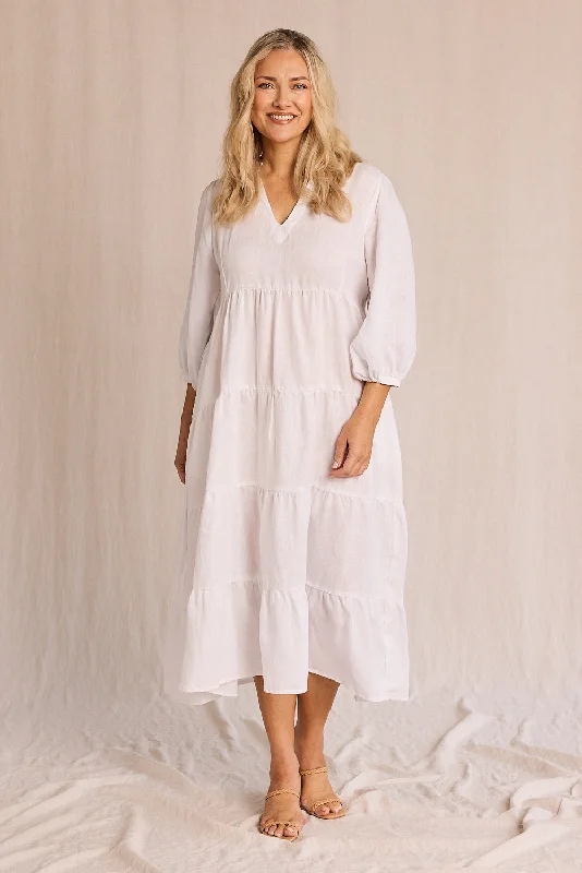 Plus-Size Women's Garments Sabre Linen V-Neck Dress in White