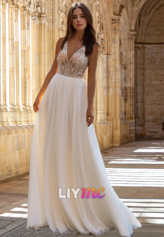 Women's Activewear Attire V-Neck Sleeveless Appliques Pleated A-Line Wedding Dress