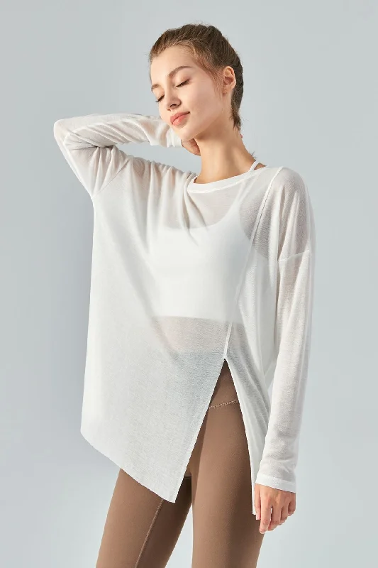 Women's Trendy Attire Sheer Mesh Long Sleeve Asymmetrical Hem Tops