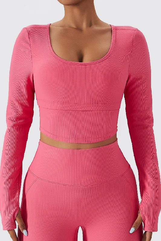 Women's Date Night Outfit Ribbed Crop Long Sleeve Top with Built-in Bra