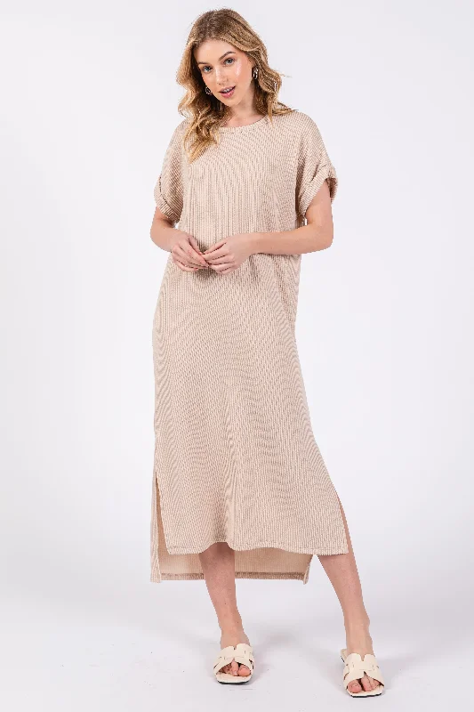 Women's Apparel And Garments Beige Ribbed Short Sleeve Midi Dress