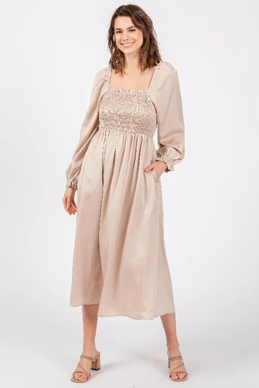 Women's Garments Beige Smocked Square Neck Satin Midi Dress