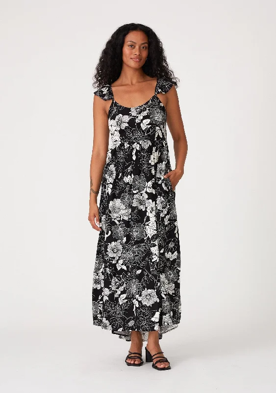 Women's Formal Event Attire Black Floral Back Tie Maxi Dress